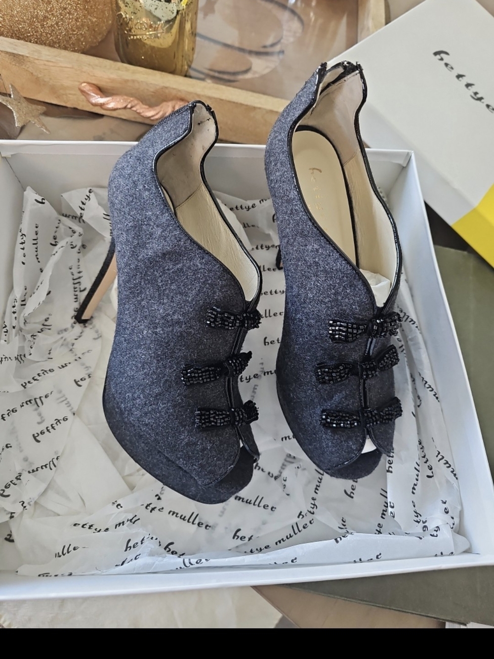 Bettye Muller Charcoal Gray Wool Peep-Toe Stiletto Booties with Beaded Bows
